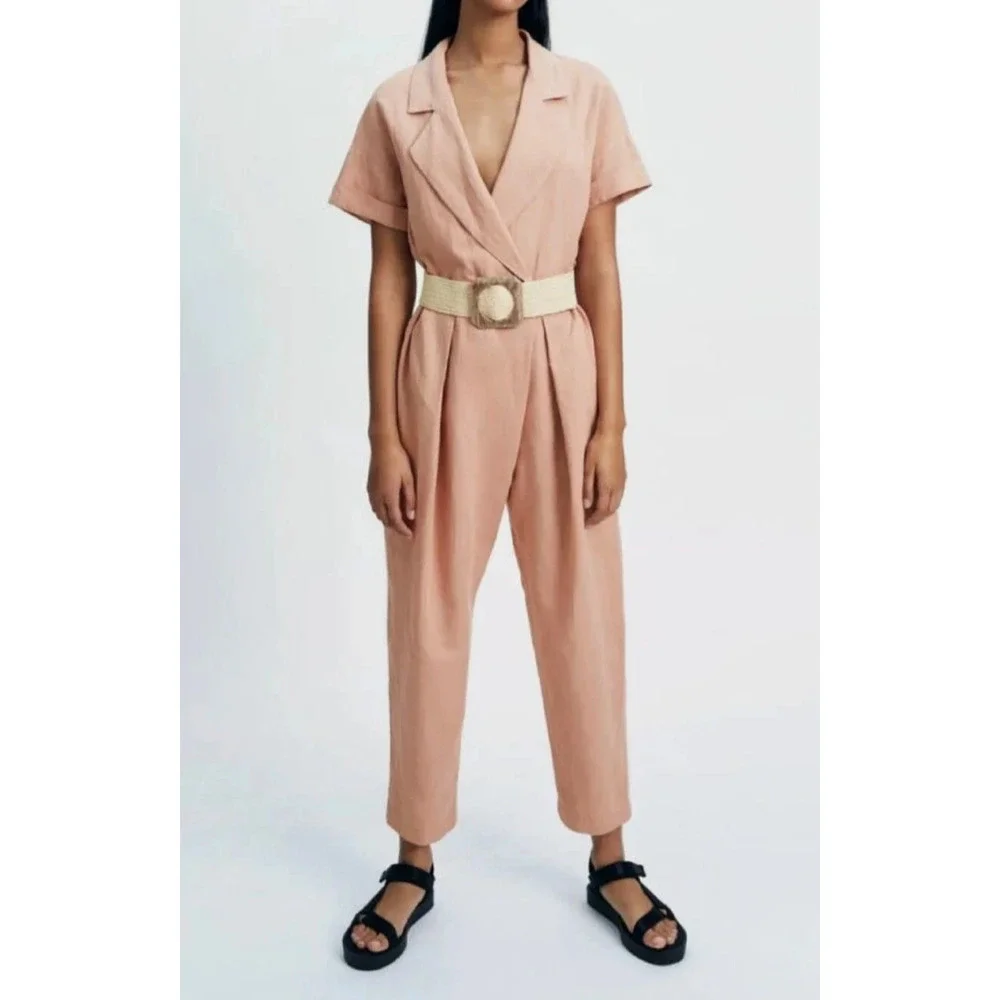 Zara Women Linen Jumpsuit Y2K Preppy V Neck Peach Short Sleeve Sz Small A004742